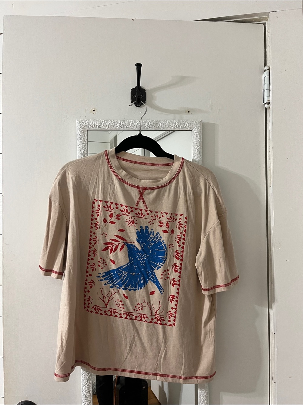 Amazon Beige Short Sleeve Tee with Blue Bird Print and Red Accents